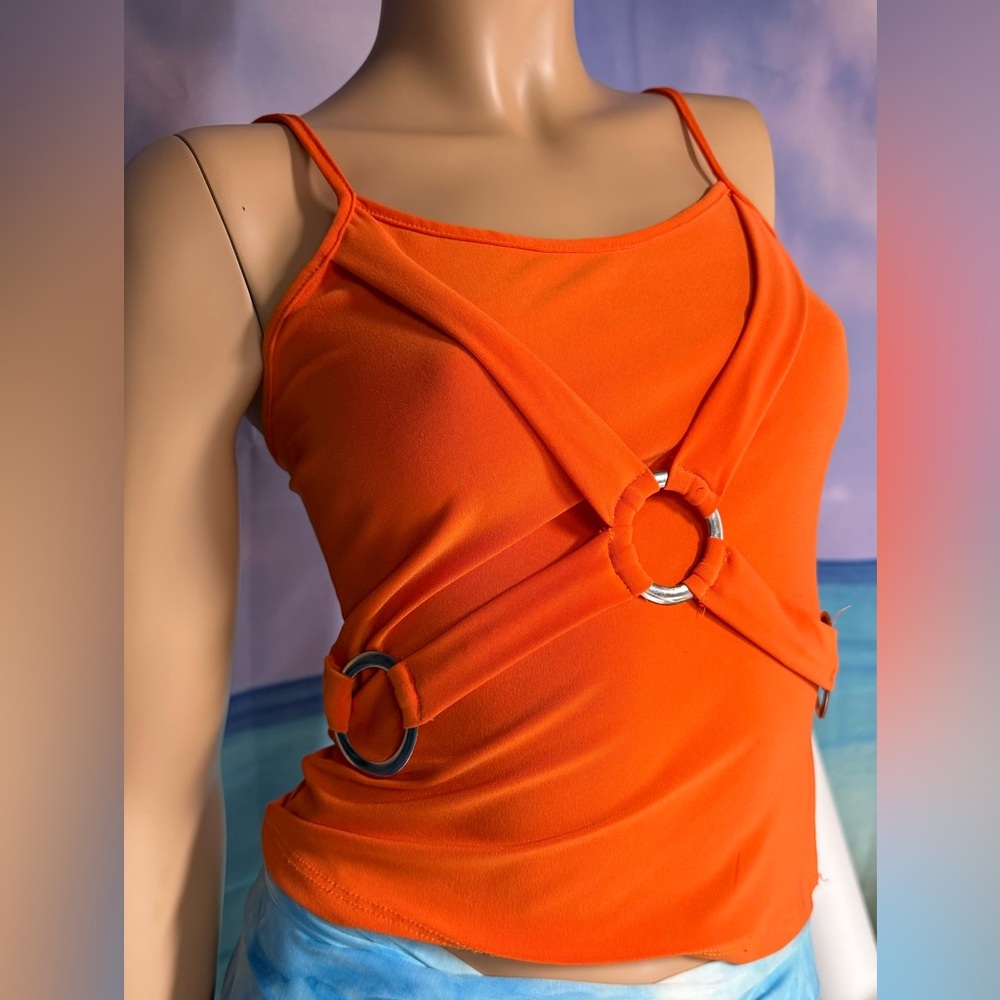 Tank top with decorative straps and metal ring